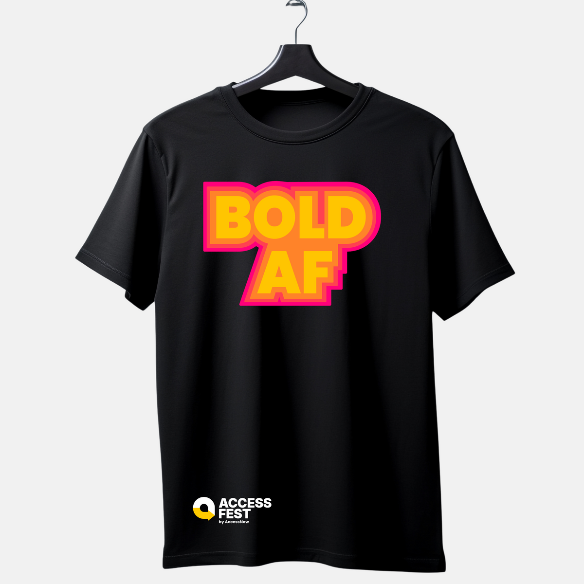Black unisex t-shirt with large block letters that say “BOLD AF” in yellow and orange with a pink outline. AccessFest by AccessNow logo appears at the bottom  right when worn.