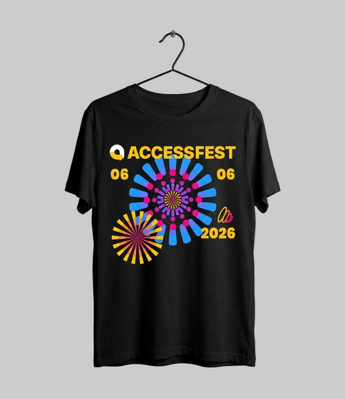Black t-shirt with colorful design and text saying "AccessFest, 06.06.2026" on a gray background