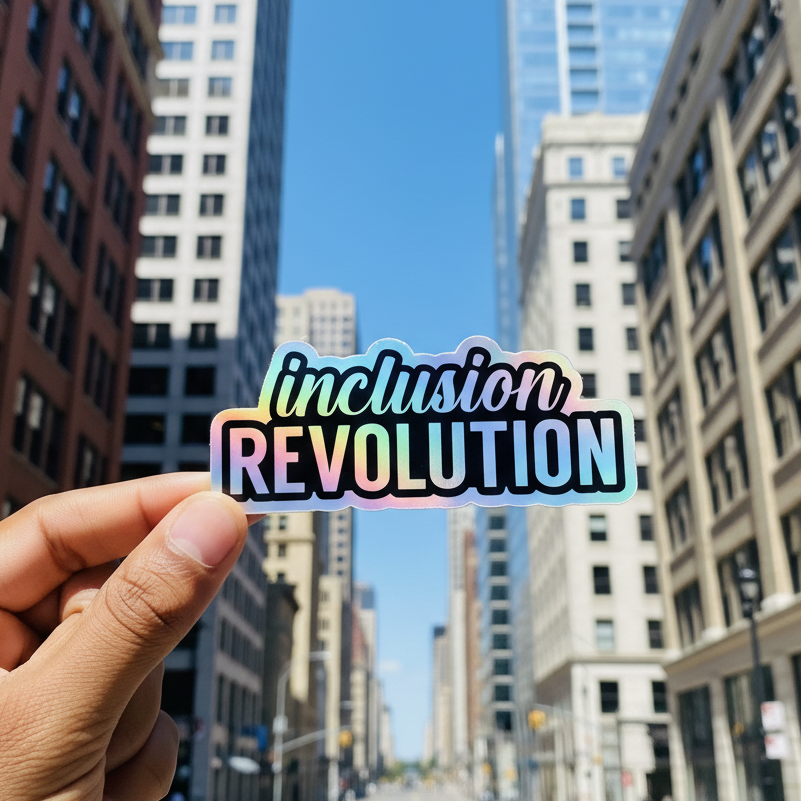 Hand holding a 'Inclusion Revolution' sticker in front of a city street with tall buildings.