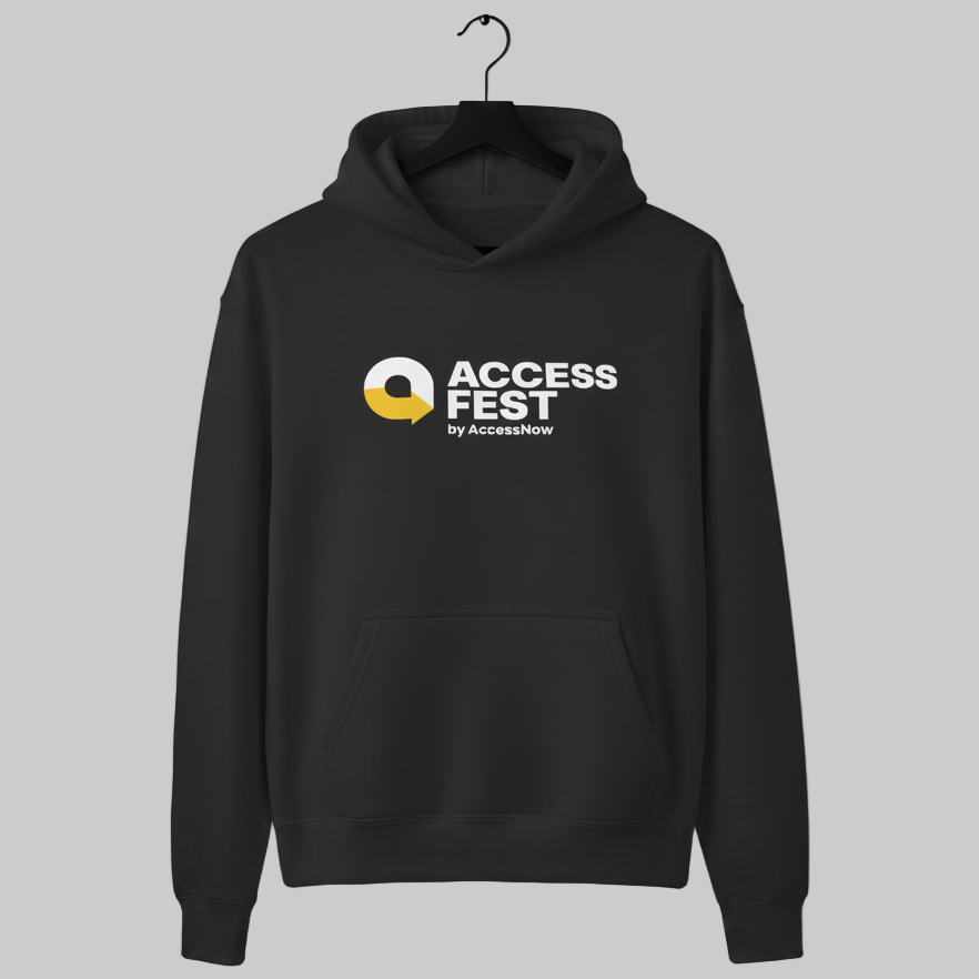 Black unisex hoodie with the AccessFest by AccessNow logo in white and yellow centered on the chest.