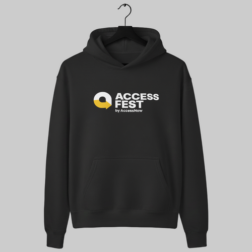 Black unisex hoodie with the AccessFest by AccessNow logo in white and yellow centered on the chest.
