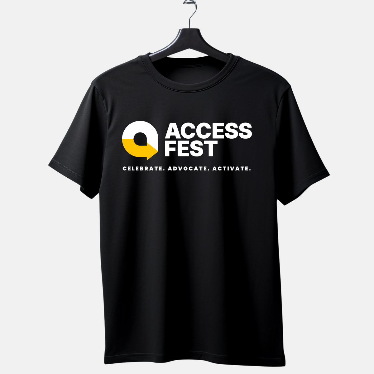 Black unisex t-shirt with the AccessFest by AccessNow logo in white and yellow centered on the chest. Text below reads “Celebrate. Advocate. Activate.”