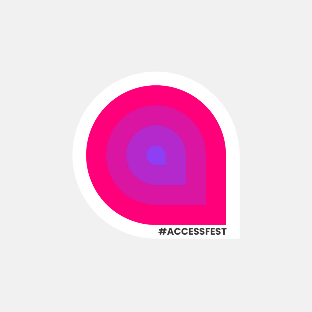Sticker with a pink and purple logo and '#ACCESSFEST' text on a light gray background