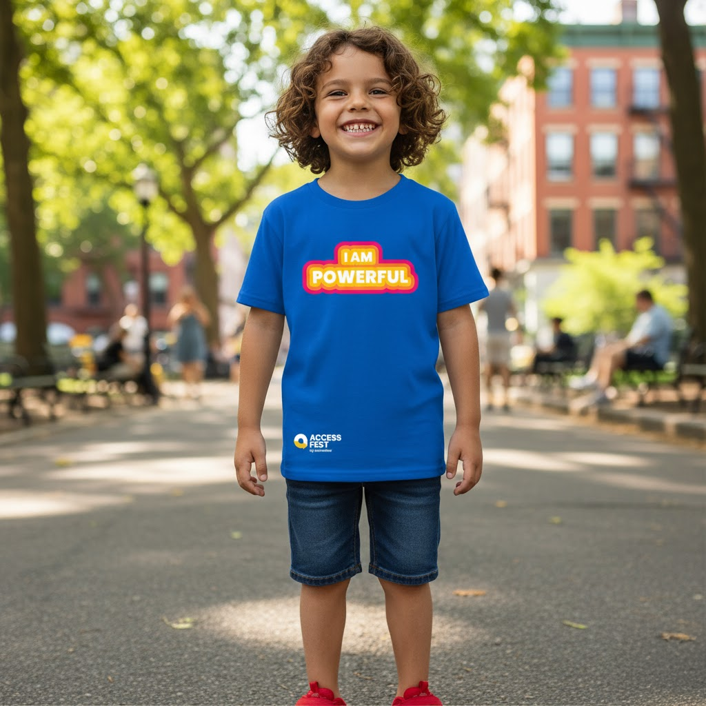A happy child models the "I am Powerful" t-shirt, which is a bright yellow and pink graphic on a royal blue t-shirt.  The photo is taken outdoors in a vibrant park setting.