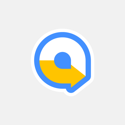 Logo with a blue circle and yellow arrow on a gray background