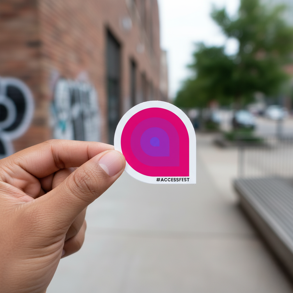 A hand holding a pink and purple sticker with the words "#AccessFest" on it. The background is an outdoor urban environment.