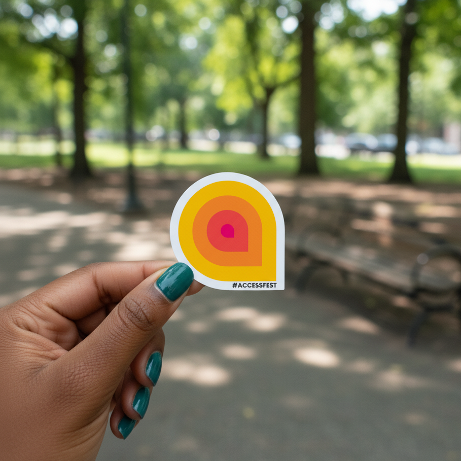 Hand holding a colorful circular sticker with a blurred park background