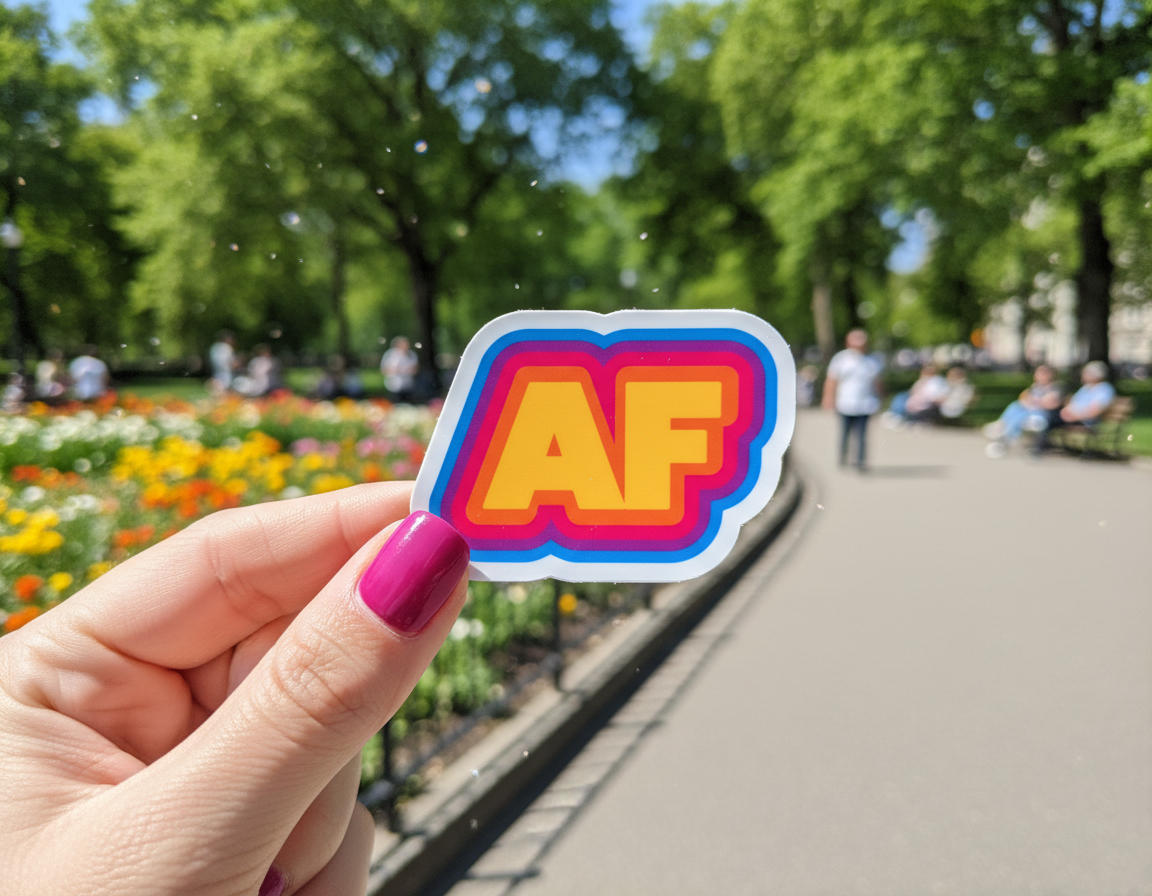 Hand holding a colorful 'AF' sticker with a park in the background
