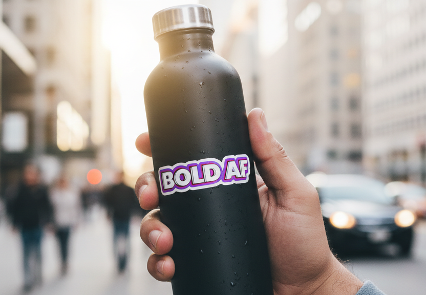 Person holding a black water bottle with 'BOLD AF' text in an urban setting